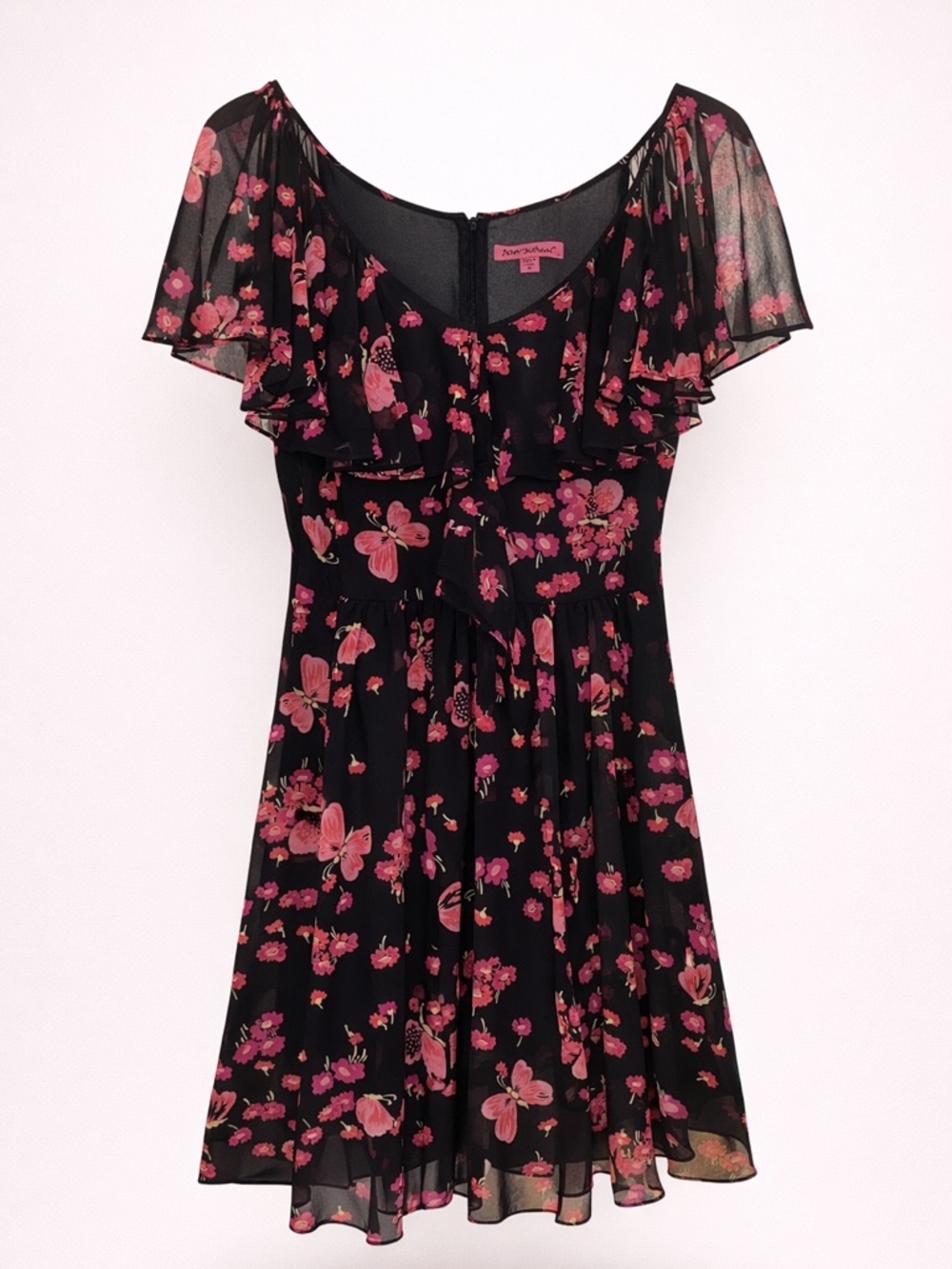 Betsey Johnson Floral Dress Black Pink Ruffle Sleeve Fit Flare Mini Party Sz 10